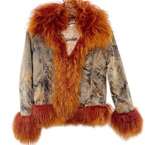 Vintage Shawl Collar Faux Suede and Faux Shearling Coat Western Print